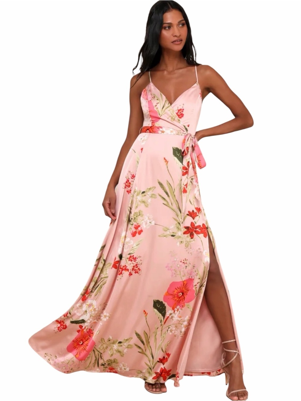 NWT Lulus Pink Floral Satin Faux Wrap Maxi Dress Side Slit Wedding Guest L